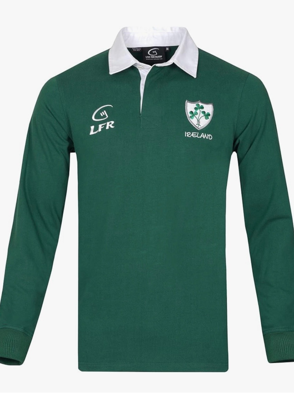 LFR Large Live For Rugby Green Long-Sleeve Rugby Shirt with White Collar